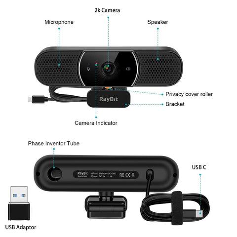 Game Changing 3 In 1 Webcam With 2K HD Autofocus And Noise Cancelling Mic Plus Crisp Stereo Speaker for Laptop or PC Monitor, top view showing microphone and speaker.