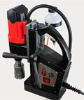 Heavy Duty Magnetic Drill Press With Stepless Speed Control For Steel Structures, electric motor and ergonomic handles for drilling.