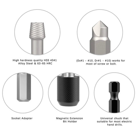 Components of Damaged Screw Extractor Kit 22 Piece Set For Home DIY And Garden Projects Easy Out Stripped Screw Remover Alloy Steel