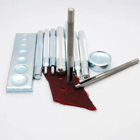 Leather Craft Rivet And Snap Kit Set 11 Piece Die Punch And Rivet Setter Tool With Base for DIY leatherworking shown with tools