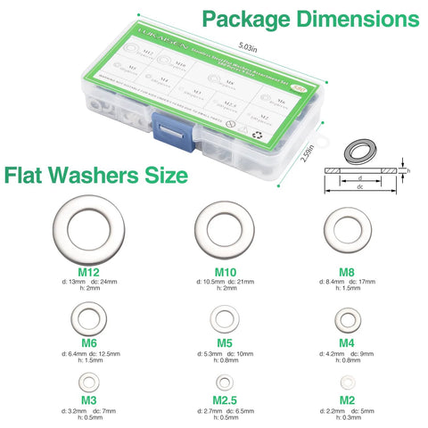 Front view of 304 stainless steel flat washer set, 580 pieces in 9 sizes (M2–M12) in a clear plastic storage box