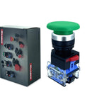 Green 22mm Mushroom Head Momentary Push Button Switch With 1NO 1NC Silver Contacts 10A Self Reset Start Stop Button For Industrial Automation Control Panels Built Beefy For Heavy Duty Use beside packaging