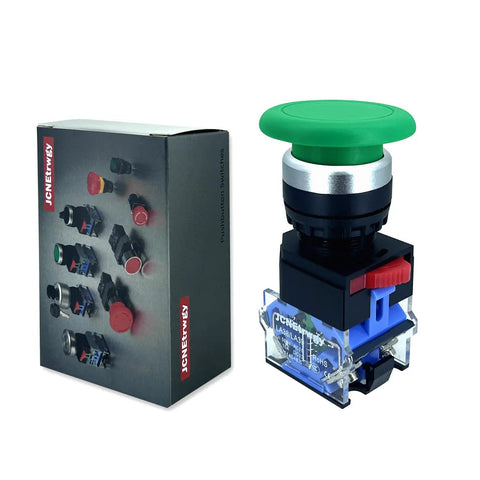 Green 22mm Mushroom Head Momentary Push Button Switch With 1NO 1NC Silver Contacts 10A Self Reset Start Stop Button For Industrial Automation Control Panels Built Beefy For Heavy Duty Use beside packaging