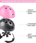 Exploded view of Adjustable Kids Helmet with pink ABS shell, black EPS liner, and inner liner for skating biking cycling and skateboarding.