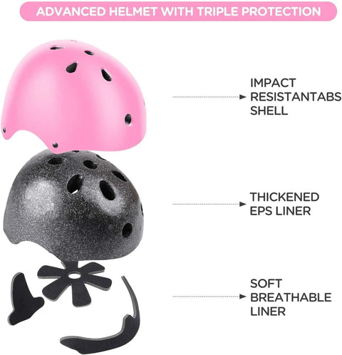 Exploded view of Adjustable Kids Helmet with pink ABS shell, black EPS liner, and inner liner for skating biking cycling and skateboarding.