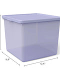 Purple 18 Gallon Plastic Storage Bin With Snug Snap Lid, Hella Spacious Stackable Tote For Seasonal Threads, Holiday Gear, And Dorm Room Stashing, Quick Wipe Down Space Saving Crate in a side view with dimensions of 12.4 x 11.9 x 9.4 inches.