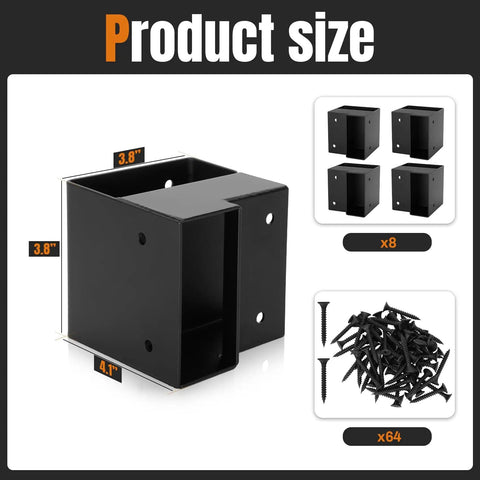 Product size guide for Beefy 8 Piece Workbench Bracket Kit With 64 Screws For DIY Work Table Built To Fit 2x4 Lumber Real Size 1.5x3.5 Inch Right Angle Corner Brackets Black For A Sturdy Shop Setup with dimensions and contents.