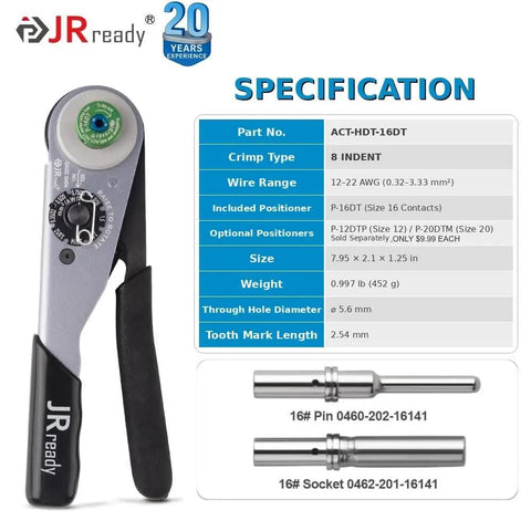 Crimp tool and specifications for DT Deutsch Connector Kit 2 3 4 6 Pin With 16 Gauge Solid Contacts For 16 To 20 AWG Wiring