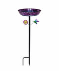 Outdoor 11 Inch Colorful Purple And Blue Metal Bird Bath Freestanding Garden Decor Hummingbird Flower Bowl Feeder For Backyard Birds Yard Art That Pops Weatherproof Sturdy Stand Easy Assembly with black stand and flower ornament