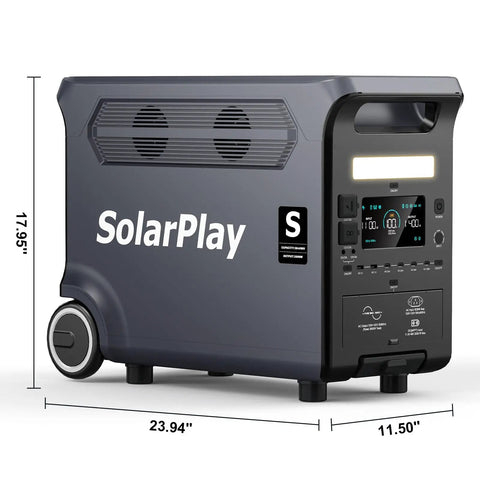 3600W Portable Power Station With 3840Wh Large Capacity, compact design with wheels, control panel visible, measures 23.94" x 11.50"