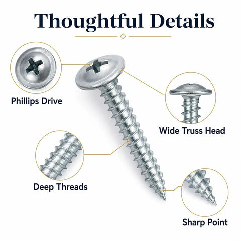 Image showing Number Eight By One Inch Phillips Washer Head Screws 60 Pack With Storage Box For Light Wood Projects And Furniture Repair Easy Driving Silver Finish DIY Fasteners with Phillips drive, wide truss head, deep threads, and sharp point.