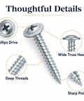 Close-up of Washer Head Phillips Screws Size Eight By Five Eighths Inch, featuring Phillips drive, wide truss head, and deep threads.