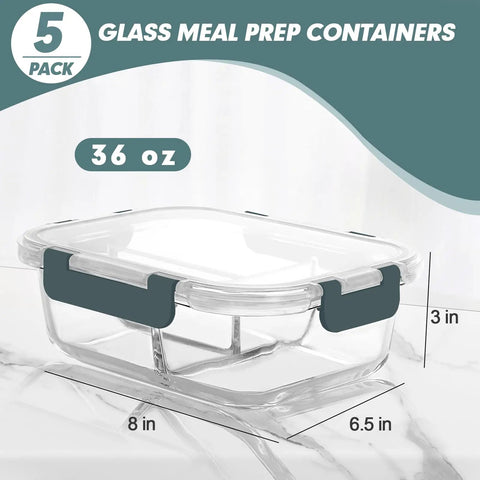 Glass Meal Prep Containers With 3 Compartments, 36 Oz, 5 Pack, Airtight Lids, displayed with dimensions