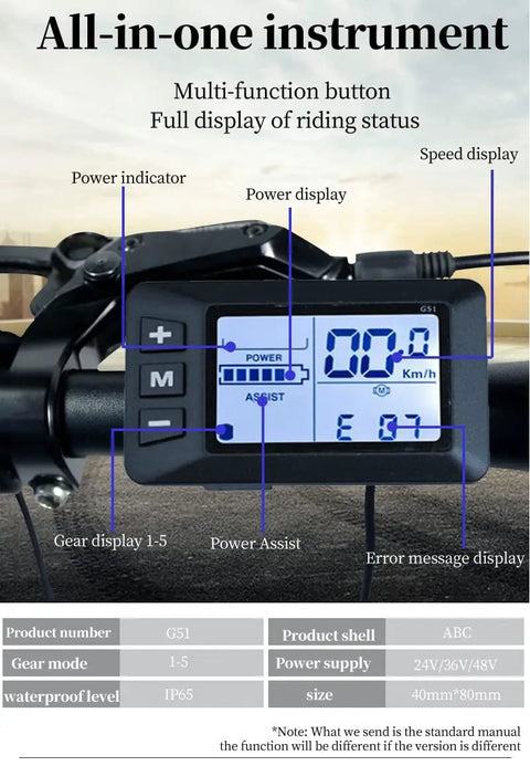 G51 LCD Display for Ebike Replacement Meter with 5 Pin Waterproof Plug, mounted on handlebar showing speed, power, and assist level.