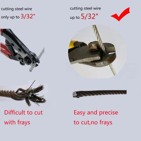 Heavy Duty Wire Cutters For Steel Cable And Wire Rope, Up To 5/32 Inch, showing clean and frayed cuts comparison