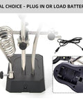 Soldering Station Magnifier with LED Light base with dual power options and cord, showing battery compartment for versatility
