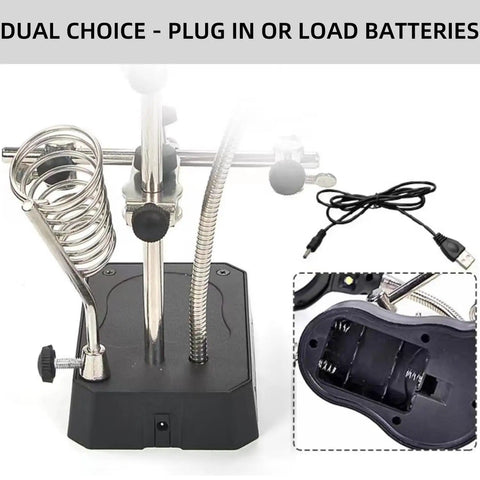 Soldering Station Magnifier with LED Light base with dual power options and cord, showing battery compartment for versatility