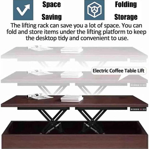 Electric Coffee Table Lift, space-saving design with lifting platform for storage, ideal for home use, sleek wood finish.