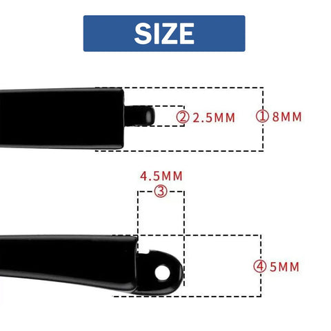 Super Slick TR90 Replacement Temple Arms For Eyeglasses Universal Repair Kit showing size measurements of 2.5mm, 4.5mm, 8mm, and 5mm