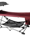 All In One Portable Folding Hammock With Metal Frame And Retractable Canopy Ideal For Camping Patio Or Backyard Chill Sessions Side Pockets Easy Zip Carry Sling Red