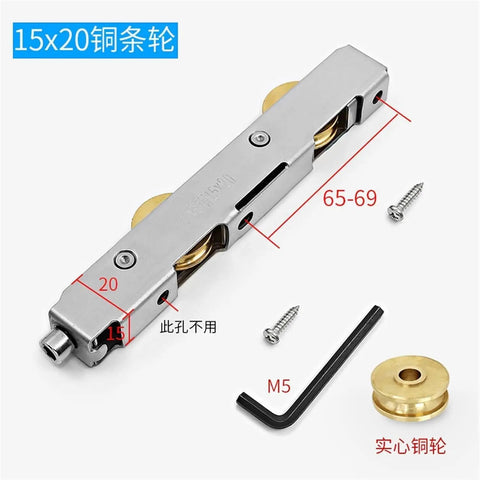 Heavy Duty Stainless Steel Sliding Door Rollers And Window Pulley System Featuring Double Copper Wheels That Run Real Smooth For Bathroom Showers Or Furniture Fixes With Zero Headaches, showing the stainless frame and copper rollers.