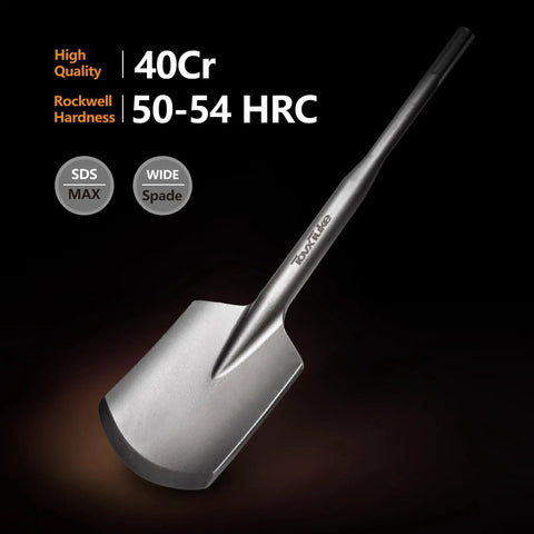 SDS Max Clay Spade Chisel Bit 4.5 Inch By 18 Inch Steel Shovel Bit for rotary hammer and jackhammer, black background
