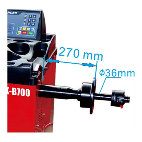 Close-up of Industrial Grade Tire Changer And Wheel Balancer Combo with 270mm and 36mm measurement details.