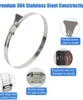 Hose Clamp Set Stainless Steel Adjustable Five Pack For Five And A Half To Six And A Half Inch Range showing features and design