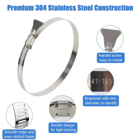Hose Clamp Set Stainless Steel Adjustable Five Pack For Five And A Half To Six And A Half Inch Range showing features and design