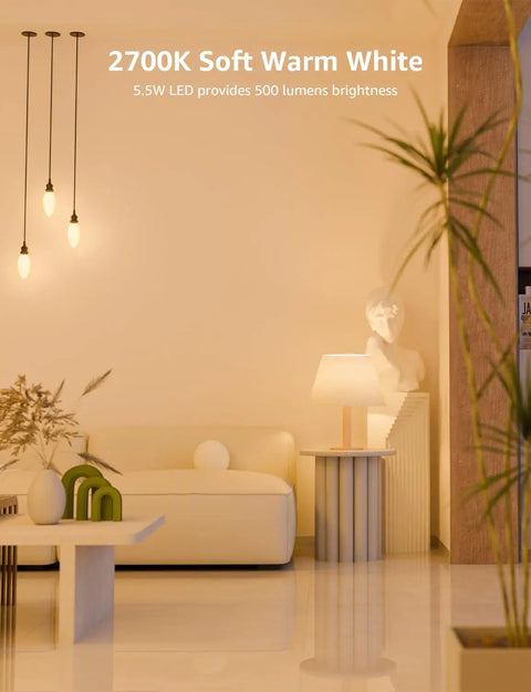 Living room with 60W Equivalent Dimmable LED Filament Bulbs E12 Candelabra soft white 2700K lighting, cozy ambiance.