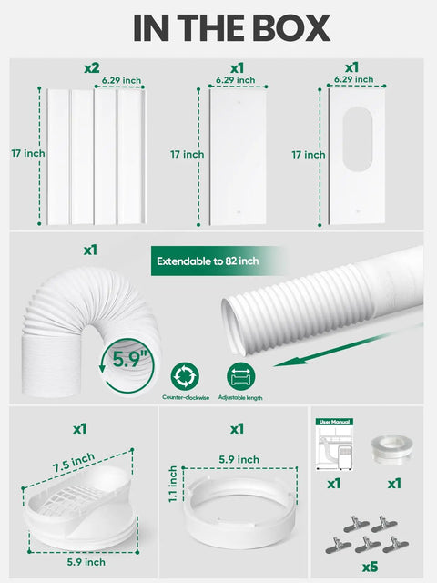 Upgraded Portable Air Conditioner Window Vent Kit With 5.9 Inch Exhaust Hose 4 Slide Seal Plates Universal Coupler Adjustable Ducting