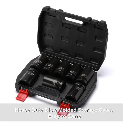 Heavy-duty blow-molded case with One-Inch Drive Deep Impact Socket Set for Wheel Nuts, 6-Point Metric Sockets, CR-MO Steel
