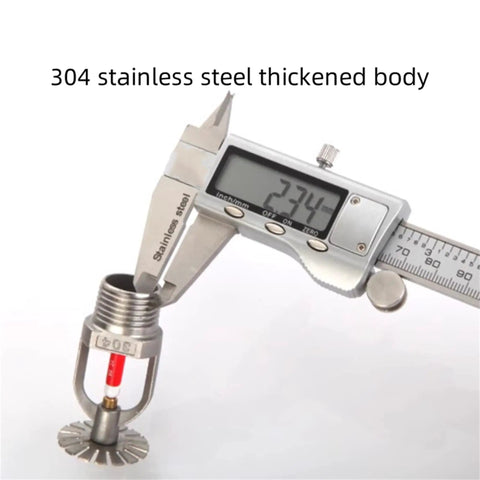 6-Pack 304 Stainless Steel Pendent Fire Sprinkler Heads with digital caliper measuring top for accurate specifications.