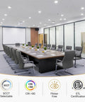 LOG BARN Recessed Lighting 6 Inch, 5CCT LED Can Lights for Ceiling, 2700K/3000K/3500K/4000K/5000K Selectable in a modern conference room.