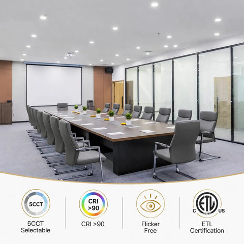 LOG BARN Recessed Lighting 6 Inch, 5CCT LED Can Lights for Ceiling, 2700K/3000K/3500K/4000K/5000K Selectable in a modern conference room.