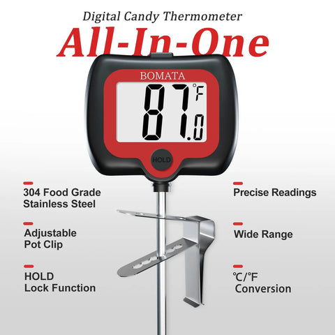 Digital Candy Thermometer With Pot Clip And Rotatable Display Long Probe For Candy Making And Deep Frying Cooking And Liquids Like Sugar Water Oils Candies And More Black with large digital display and pot clip