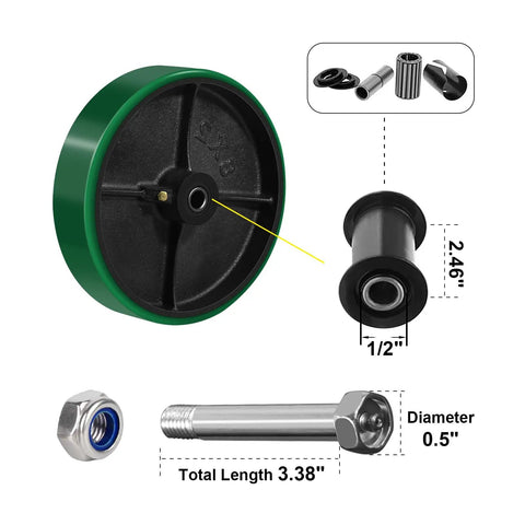 Badass Heavy Duty 8 Inch Caster Wheels 2 Pack Polyurethane Tread On Cast Iron Core with dimensions and parts detailed.