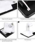 Top Notch 60W Desktop Dust Collector assembly steps showing lid opening, LED connection, and output hose attachment.