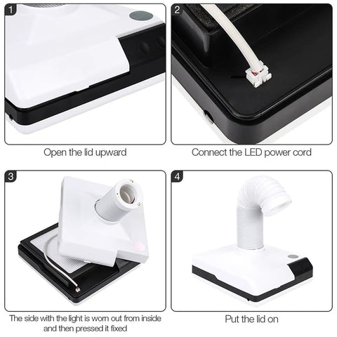 Top Notch 60W Desktop Dust Collector assembly steps showing lid opening, LED connection, and output hose attachment.