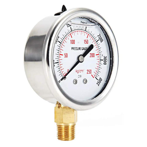 Built Tough Stainless Steel Hydraulic Liquid Filled Fuel Pressure Gauge Featuring Silver Dial And Precise Measurements From Zero To Three Thousand Five Hundred Psi For Badass Engine Mods And Top Shelf Automotive Performance Upgrades