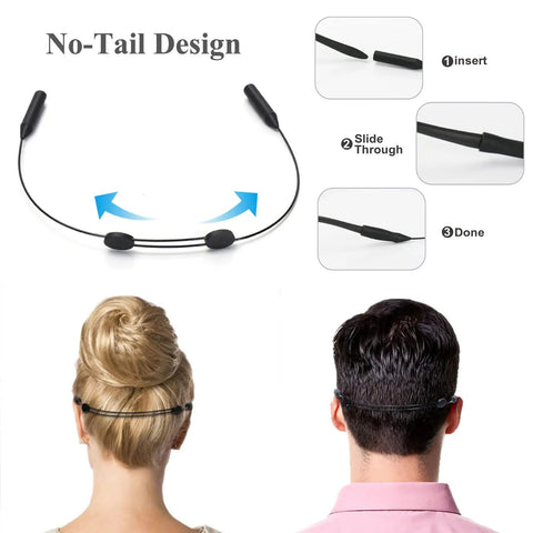 No-tail design of Sunglasses Strap Set For Men And Women Adjustable Eyewear Cord Lanyard with anti slip ear hooks shown on models