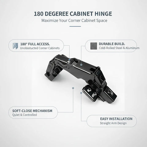 180 Degree Straight Arm Cabinet Hinge For Full Overlay Doors With Built In Damping, Heavy Duty Cold Rolled Steel and Aluminum, Black