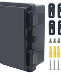 Front view of Otdorpatio junction box, hinged black IP67 ABS project box with mounting plate and wall brackets