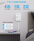 7 In 1 Flat Extension Cord Power Strip With USB C And USB A Ports, 4 Outlets, 3 USB, plugged in and labeled features