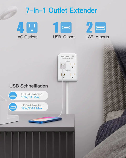 7 In 1 Flat Extension Cord Power Strip With USB C And USB A Ports, 4 Outlets, 3 USB, plugged in and labeled features