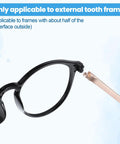 Gold Eyeglasses Repair Kit With Temple Arms Replacement Parts And Soft Nose Pads Plus Compact Screwdriver For Broken Frames showing a black frame and gold temple arm.