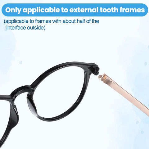 Gold Eyeglasses Repair Kit With Temple Arms Replacement Parts And Soft Nose Pads Plus Compact Screwdriver For Broken Frames showing a black frame and gold temple arm.