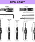 Five Piece Countersink Drill Bit Set Featuring True Eighty Two Degree Angle And One Quarter Inch Hex Shank Plus Matching Wood Plug Cutter Backyard Boss Favorite Rotary Kit size diagram with dimensions of bits and tools.
