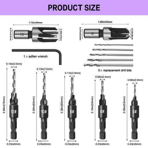 Five Piece Countersink Drill Bit Set Featuring True Eighty Two Degree Angle And One Quarter Inch Hex Shank Plus Matching Wood Plug Cutter Backyard Boss Favorite Rotary Kit size diagram with dimensions of bits and tools.