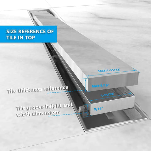 Diagram showing dimensions for 12 Inch Linear Shower Drain For Tile With Tile Insert Grate In Brushed Nickel 304 Stainless Steel